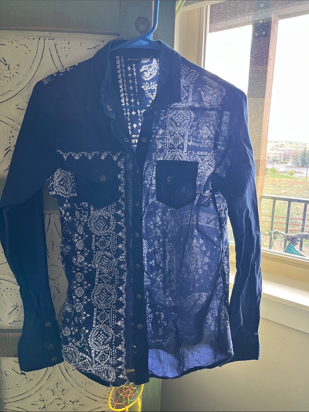Women's Navy Blue snap-Down Bandana Print Shirt